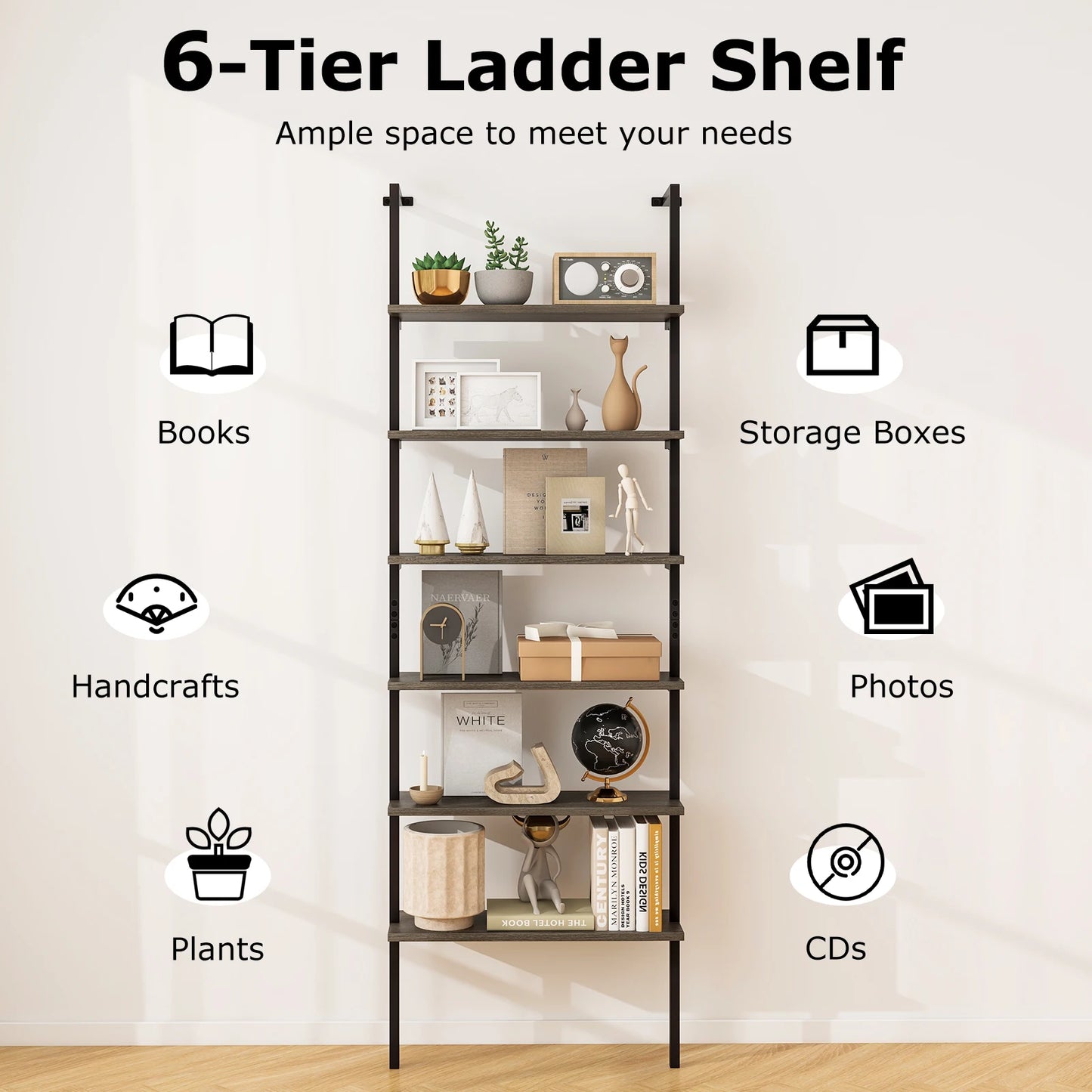 6-tier Ladder Shelf 72 Inches, Wall-Mounted Bookshelf , Oak and Brown