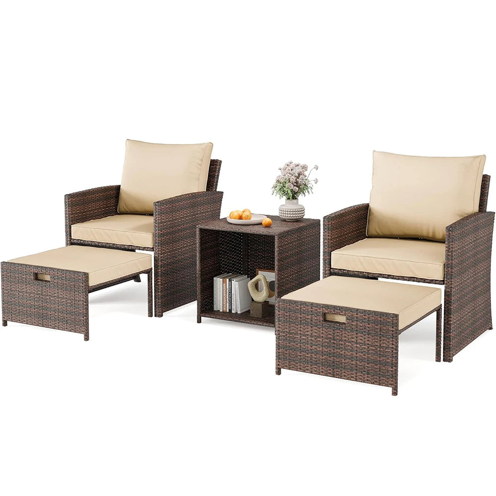 Patio Set, 2 Rattan Chairs With 2 Ottomans & Table
