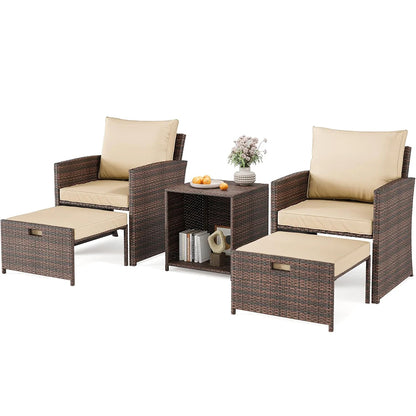 Patio Set, 2 Rattan Chairs With 2 Ottomans & Table