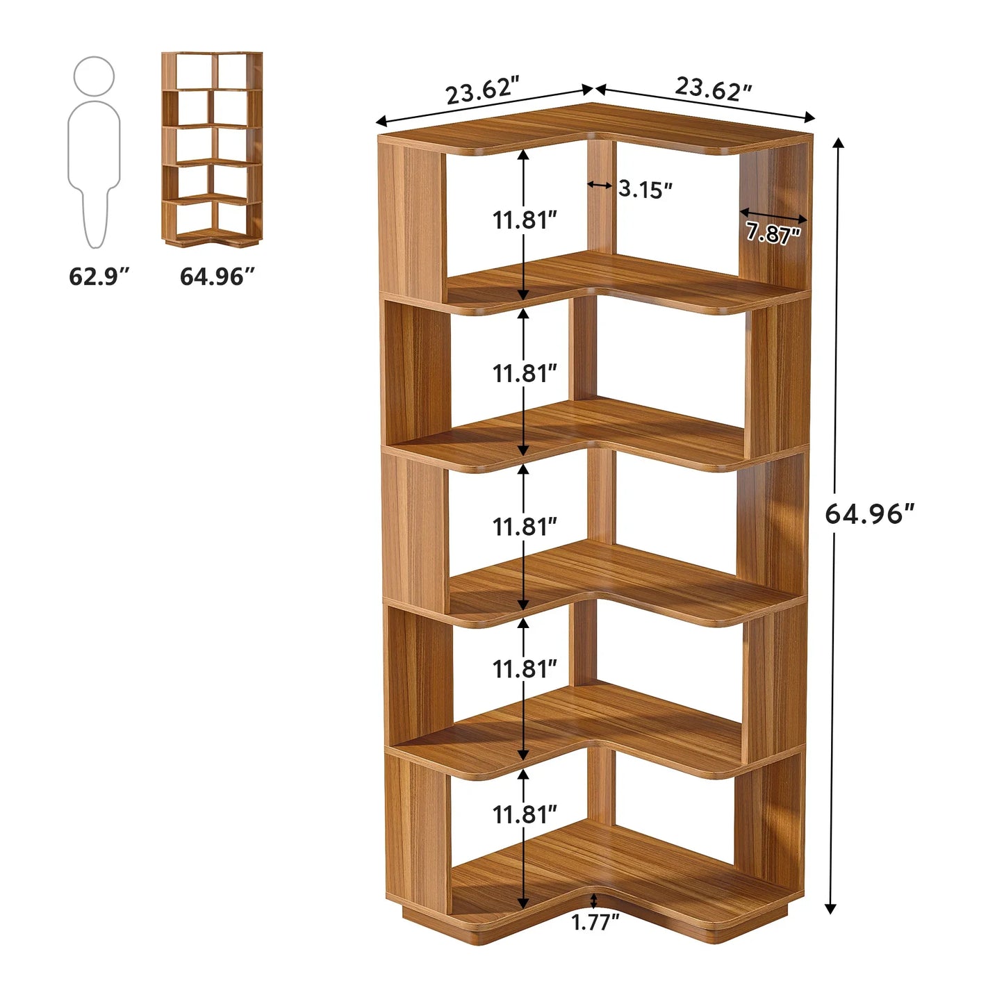6-Tier Corner Bookshelf, 64.96" Tall, Wood-Grain
