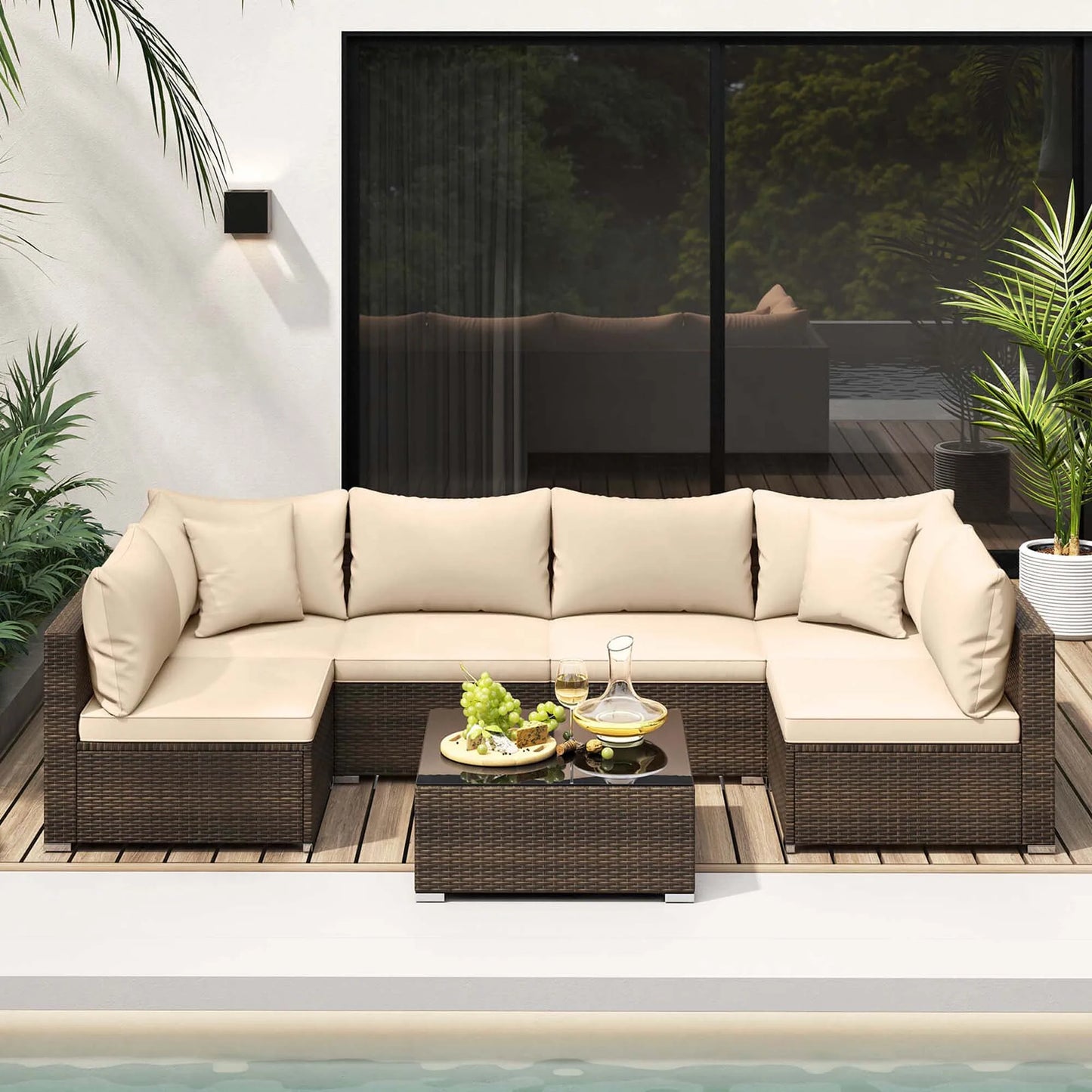 Patio Rattan Furniture Set, Sectional Sofa, Cushioned, Garden Brown