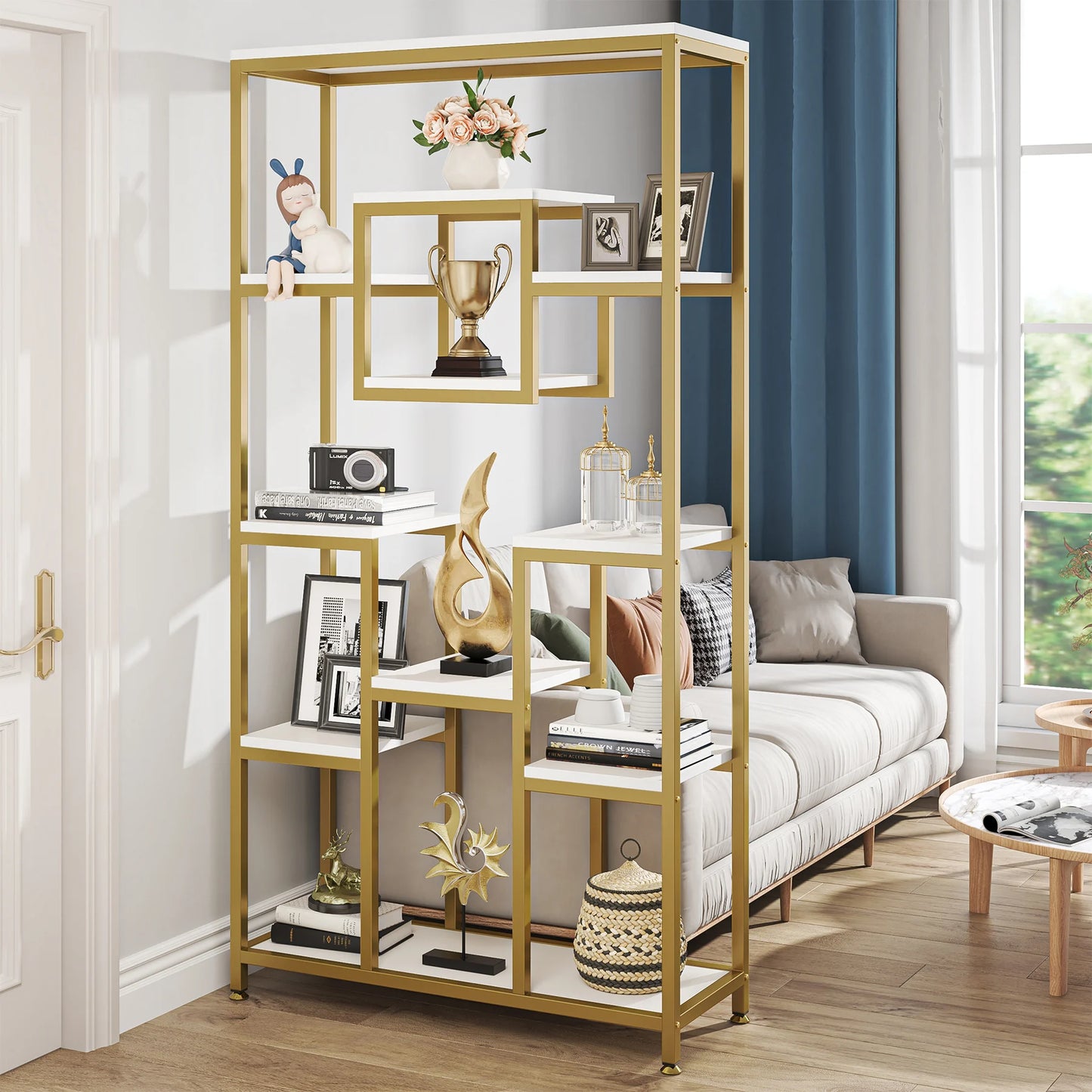 Bookcase, Gold 8-Shelf with Faux Marble