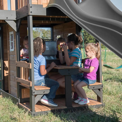 Swing Set, wood,  Wave Slide, Belt Swings, Web Swing, Rock Wall,