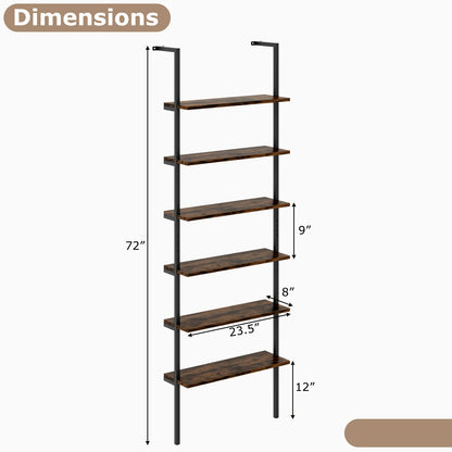 6-tier Ladder Shelf 72 Inches, Wall-Mounted Bookshelf , Oak and Brown