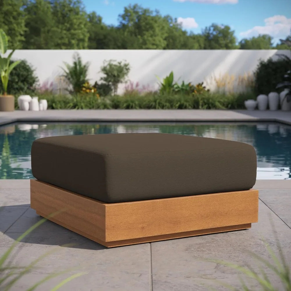 Ottoman, Acacia Wood, Natural Cocoa, Weather-Resistant Cushion