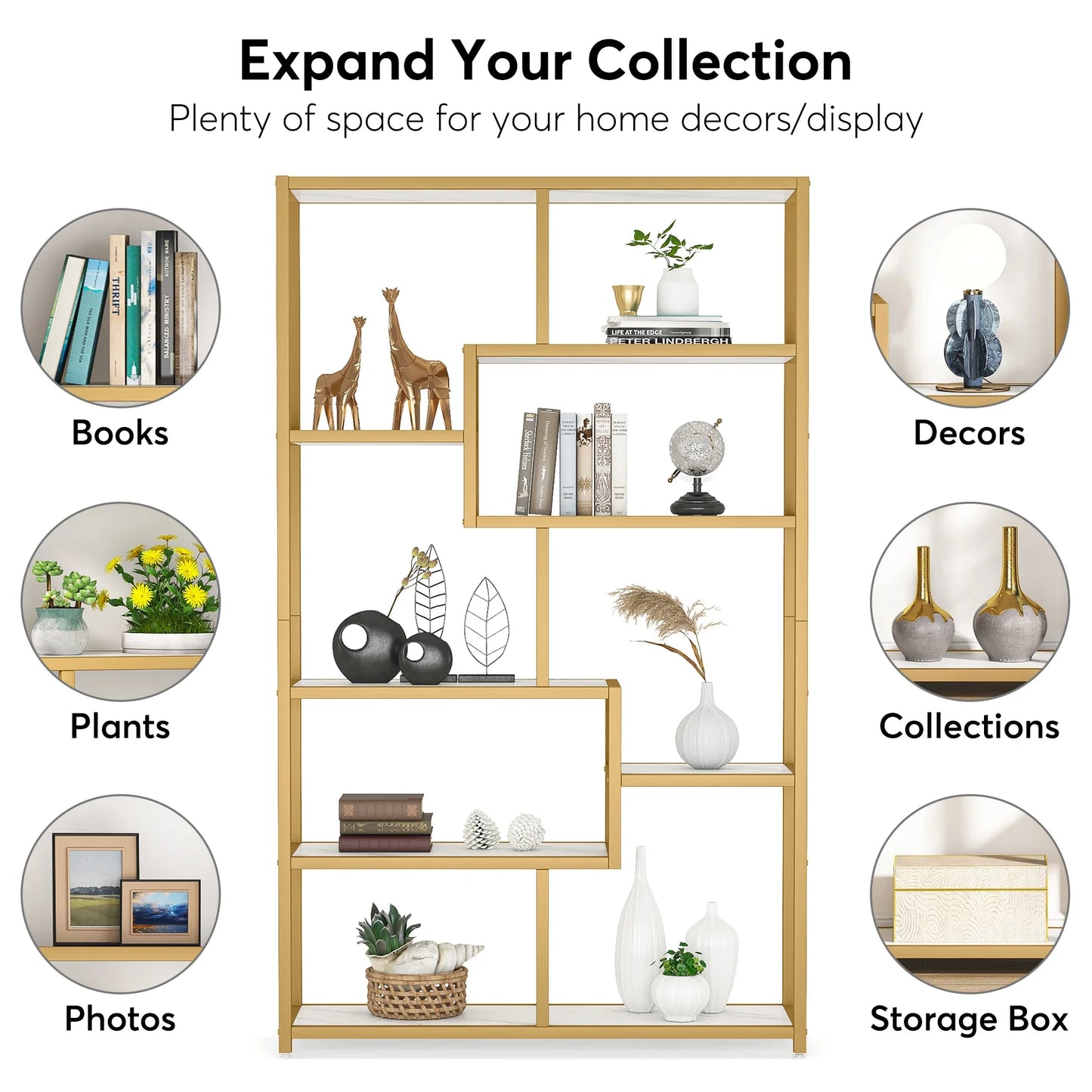 Bookcase, Gold 8-Shelf with Faux Marble