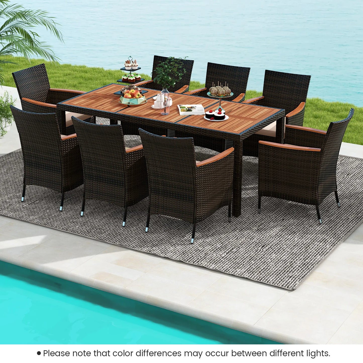 Patio Set, 9-Pieces, Wicker Dining Chairs, Acacia Wood Table