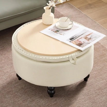 Ottoman,  Large Round, Fabric-Covered, with Storage