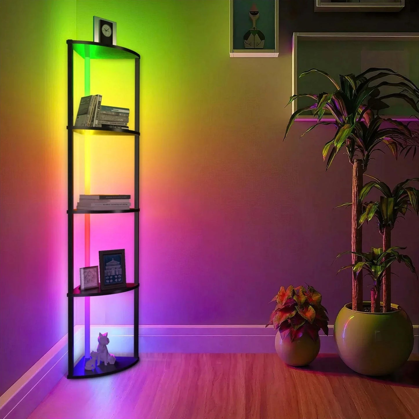 Corner Bookshelf with RGB LED Lights, 5-Tier, 64" Tall