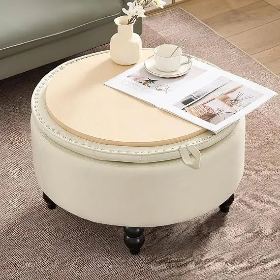 Ottoman,  Large Round, Fabric-Covered, with Storage