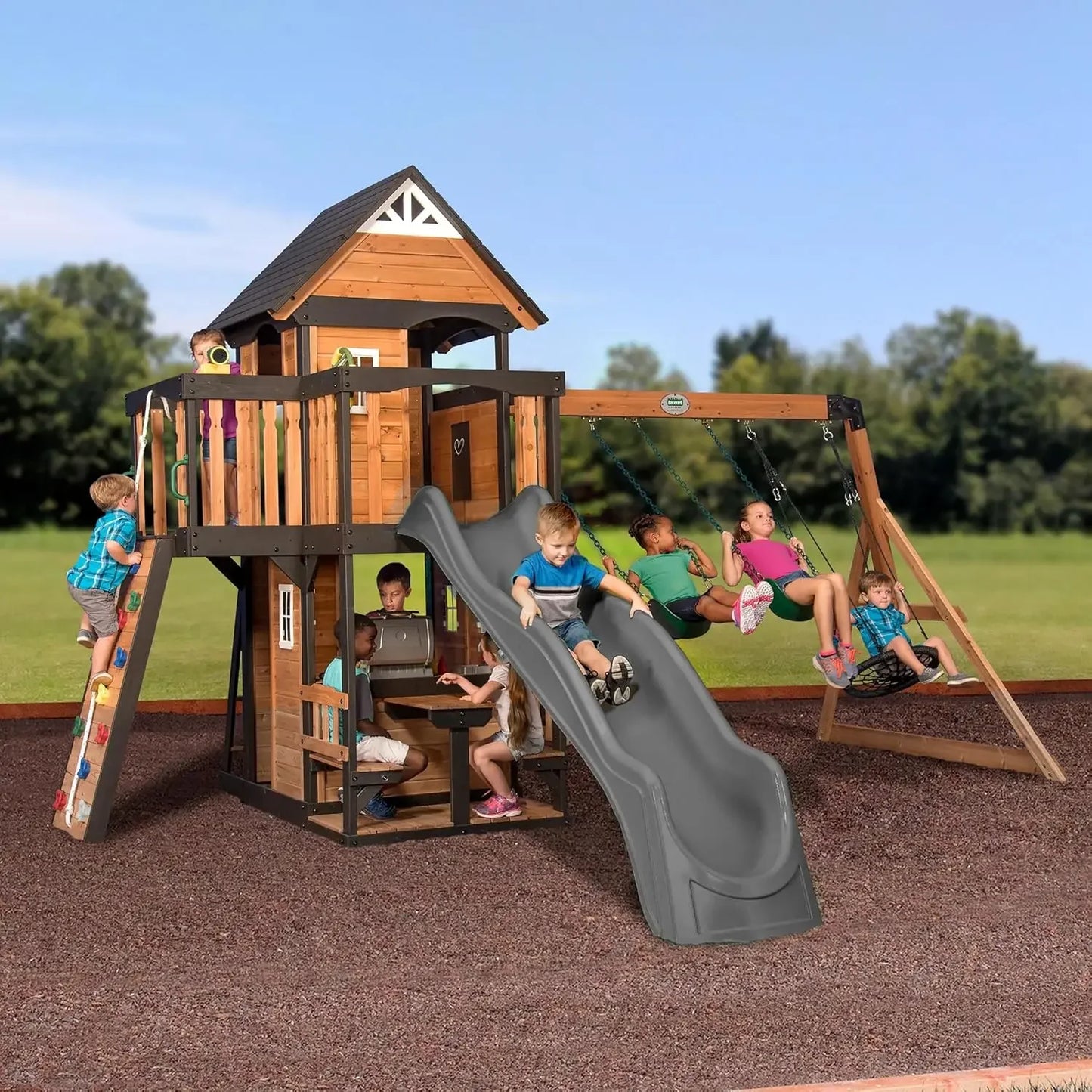 Swing Set, wood,  Wave Slide, Belt Swings, Web Swing, Rock Wall,