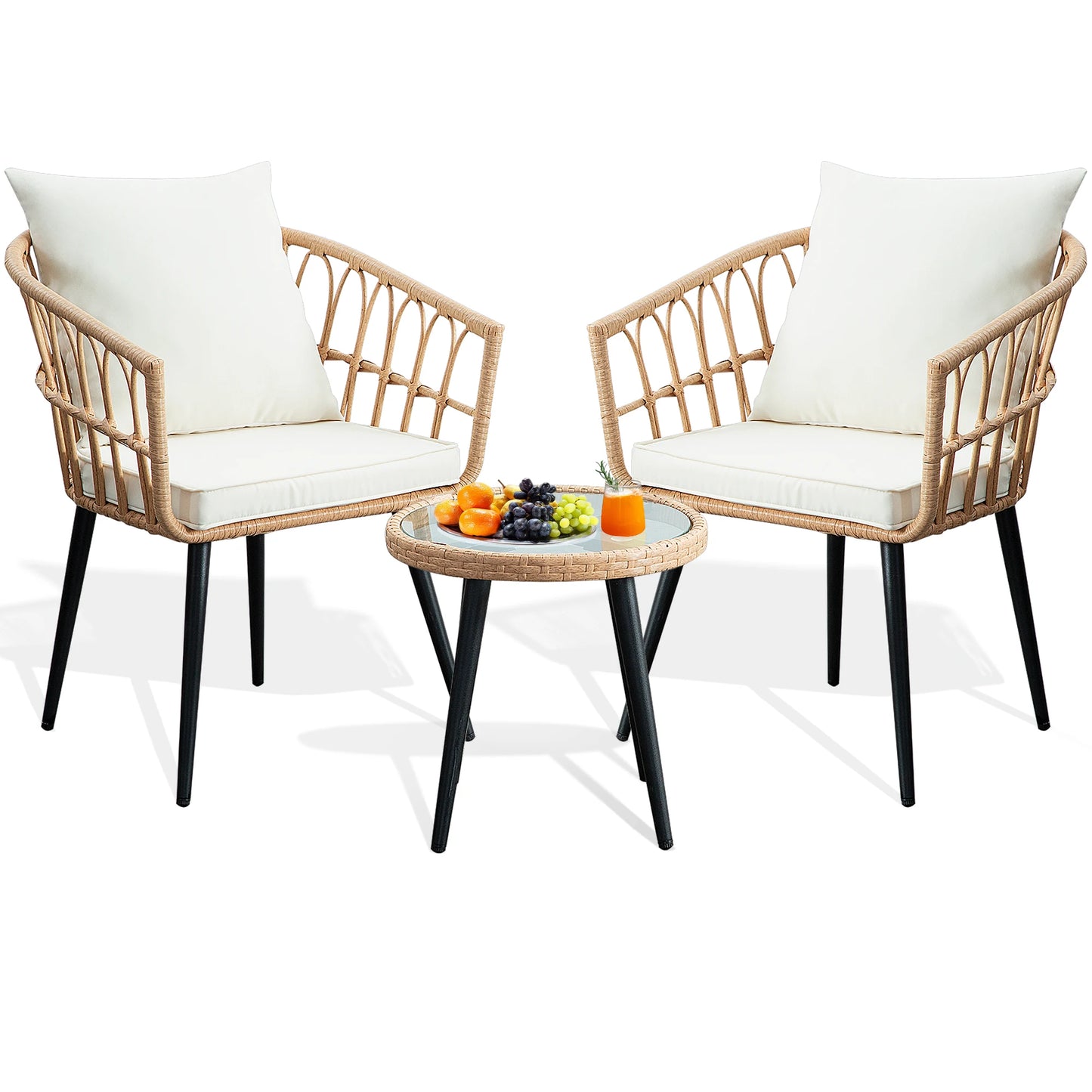 Patio Sets, 3-Piece Wicker Chairs w/Cushions & Table