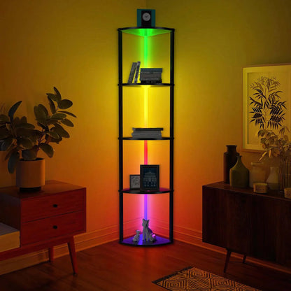 Corner Bookshelf with RGB LED Lights, 5-Tier, 64" Tall