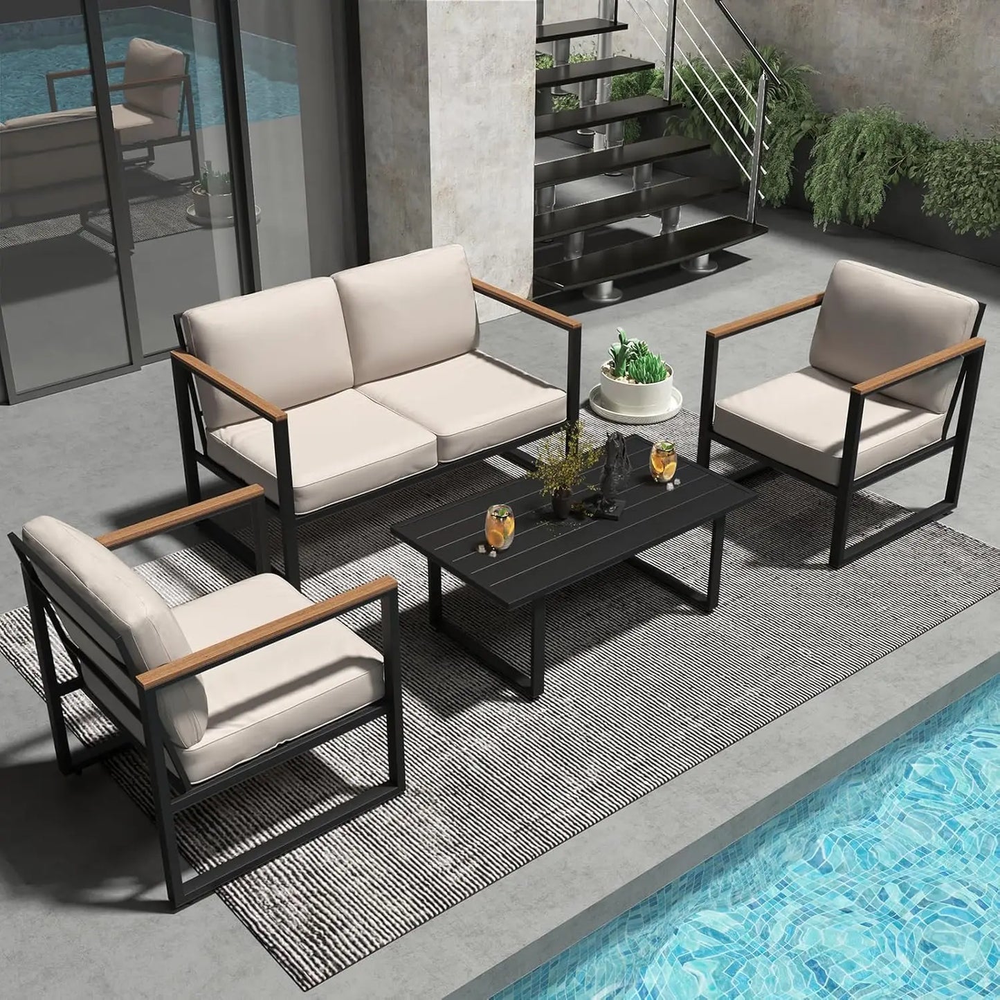 Patio Set, 4-Piece, Sofa, 2 Chairs & Coffee Table