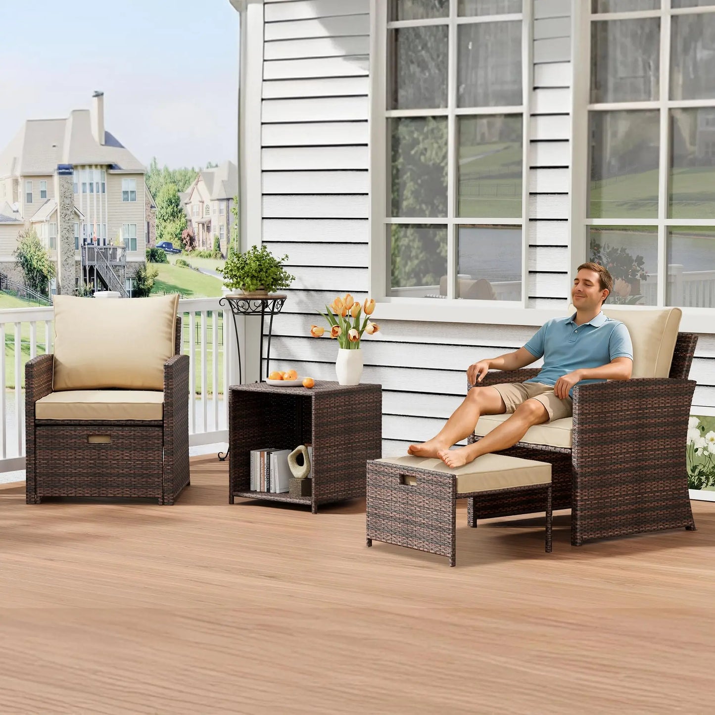 Patio Set, 2 Rattan Chairs With 2 Ottomans & Table