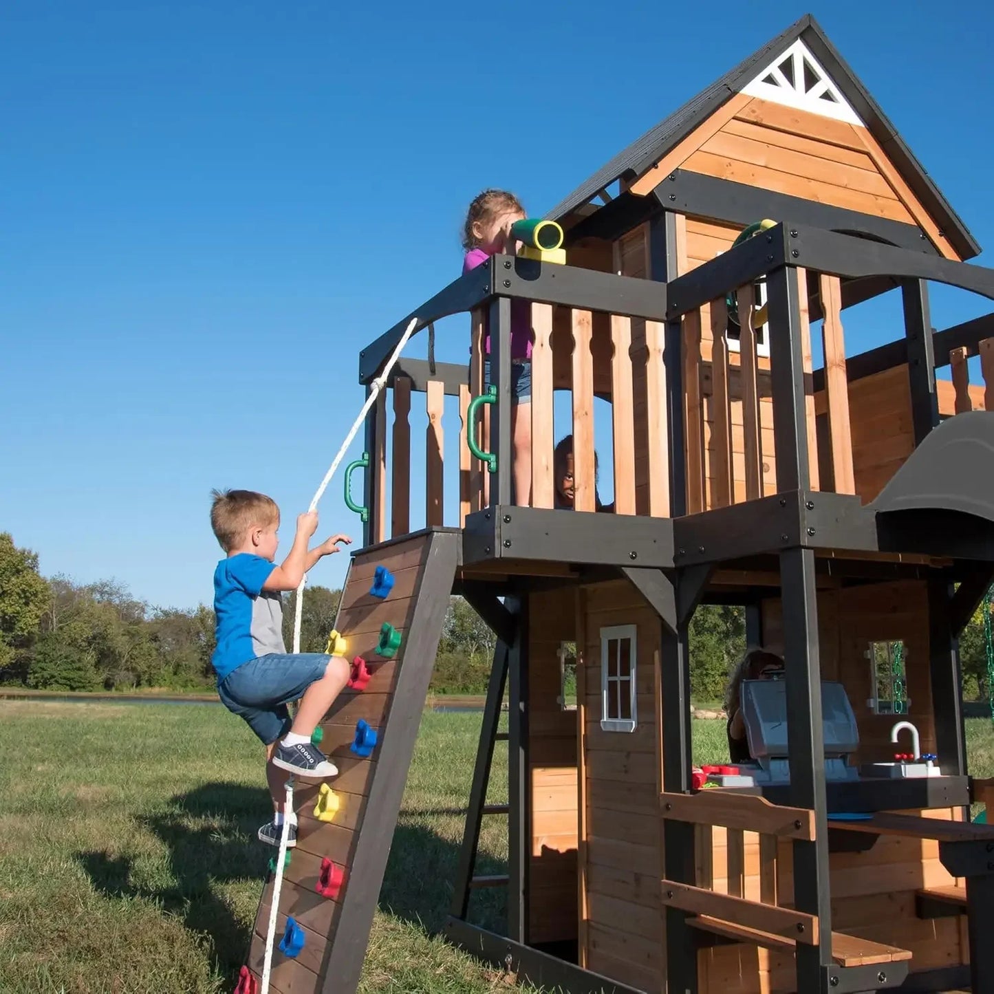 Swing Set, wood,  Wave Slide, Belt Swings, Web Swing, Rock Wall,