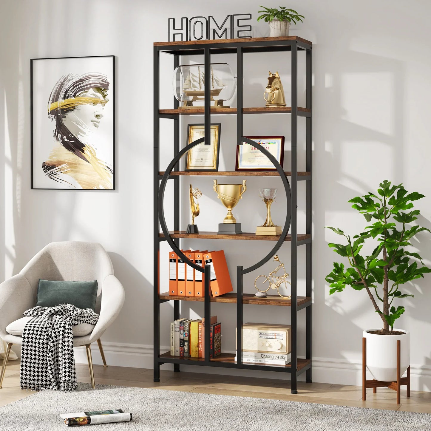 Tall Industrial Bookshelf, Made w/ Wood and Metal