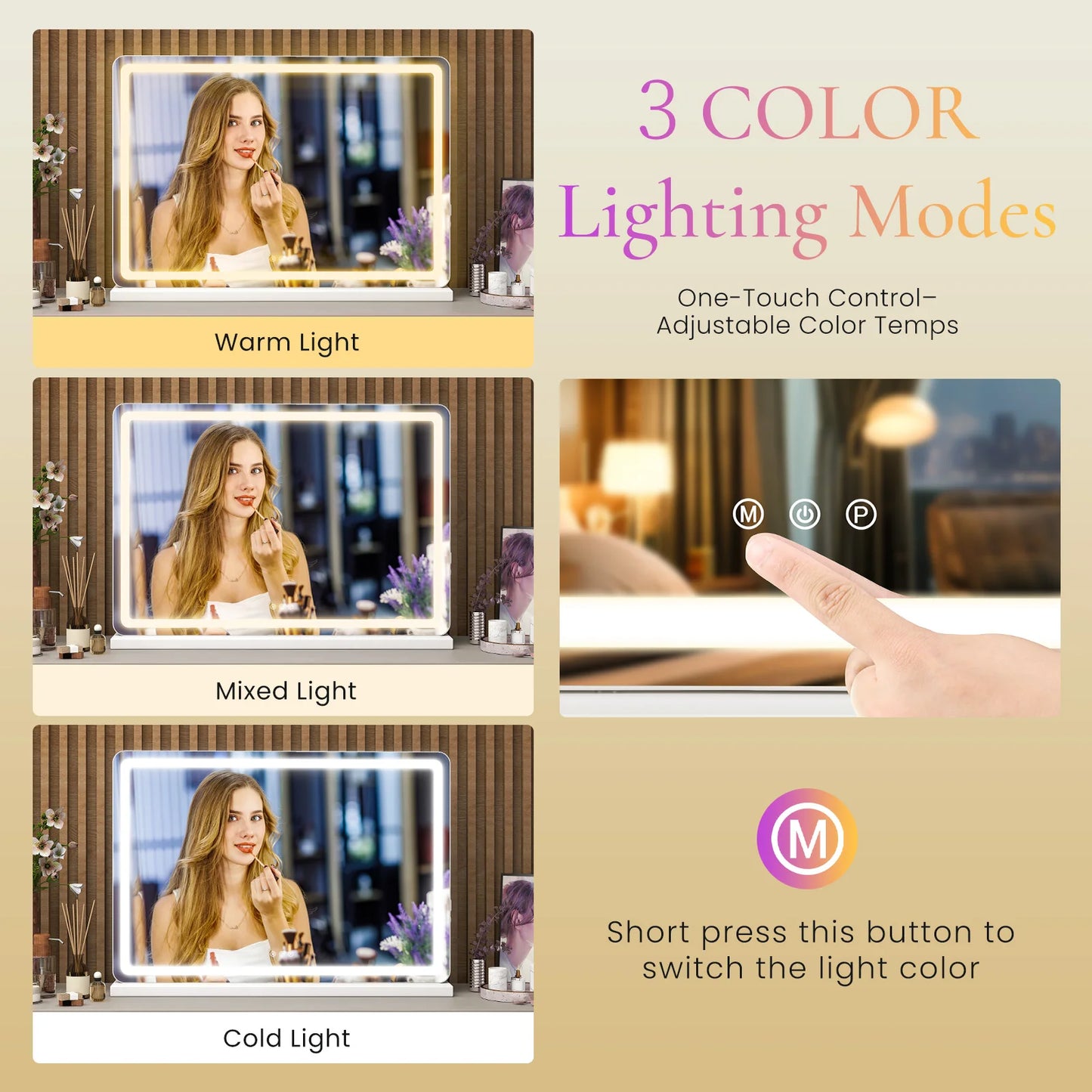 Mirror, Vanity with LED-Lights, Dimmable, 3-Color Modes