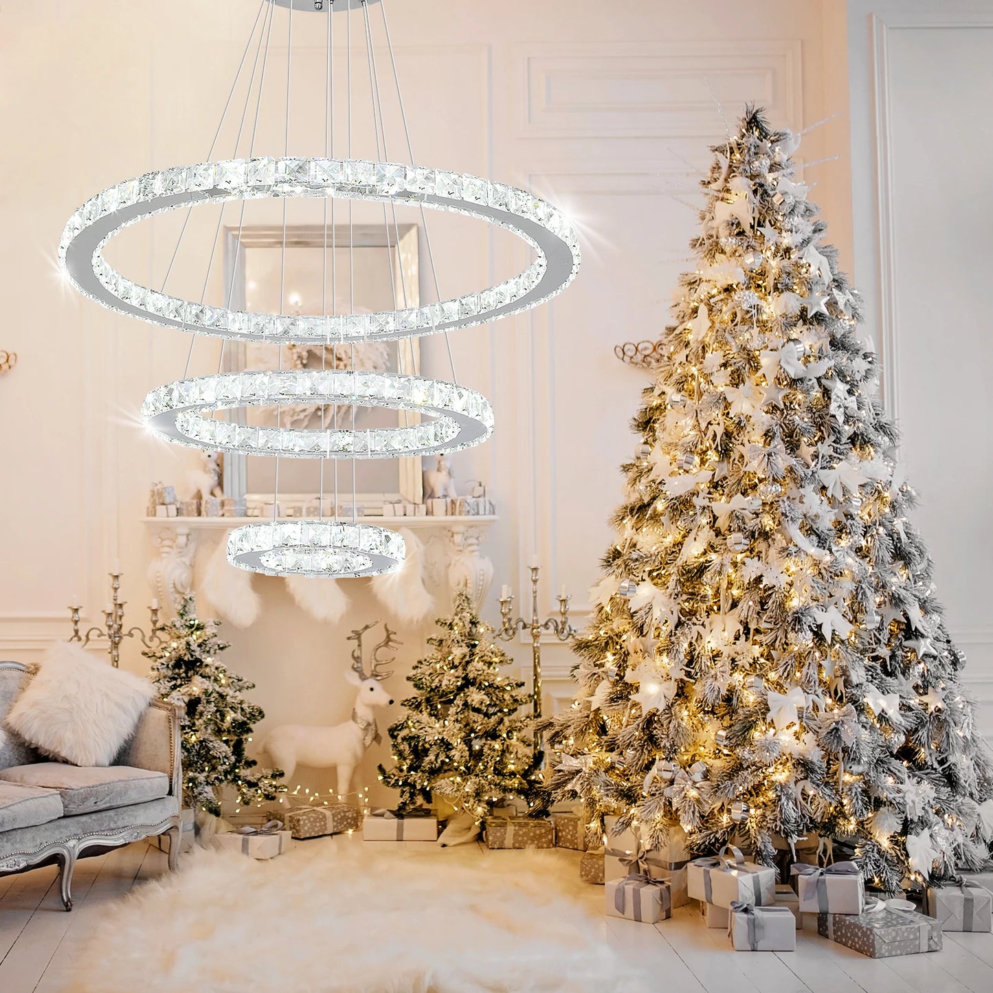 Crystal Ceiling Chandelier, 3-Rings Hanging with LED-Lighting
