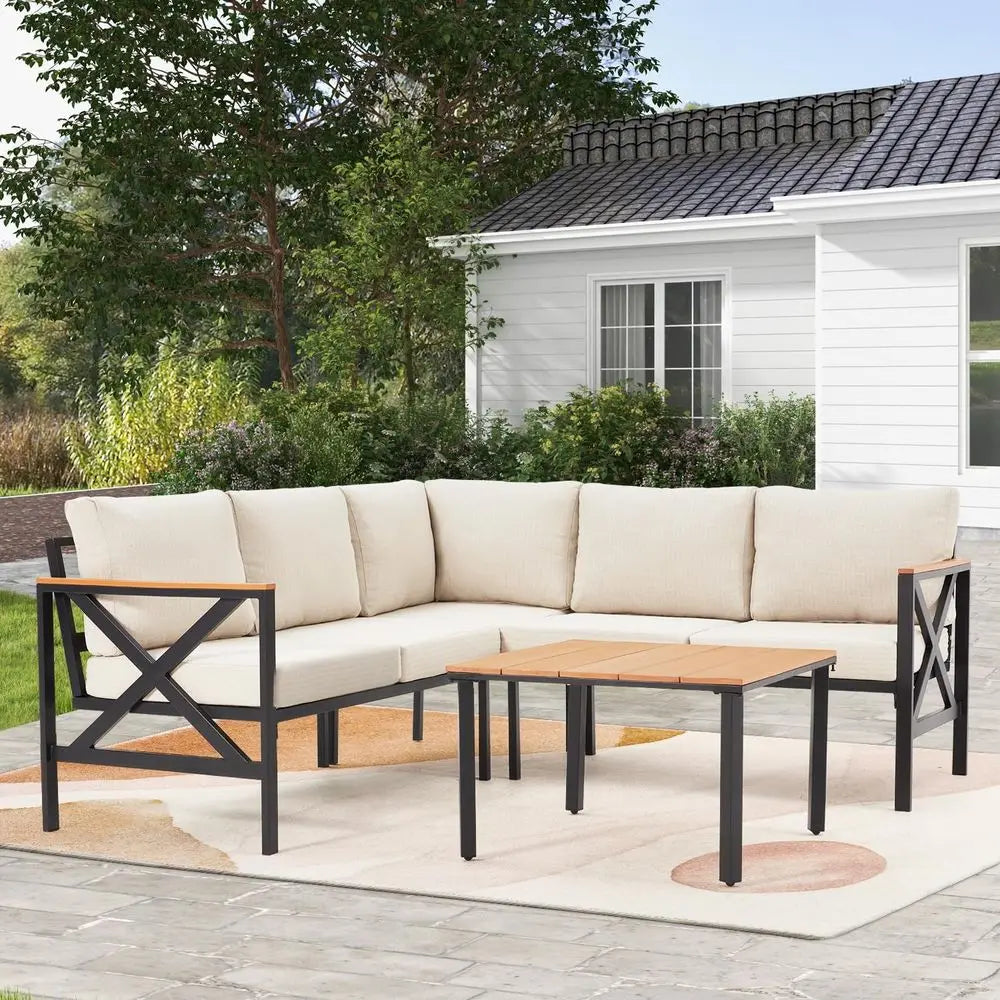 Patio Furniture Set, Metal,  L-Shape Sectional, with fauxwood Coffee Table