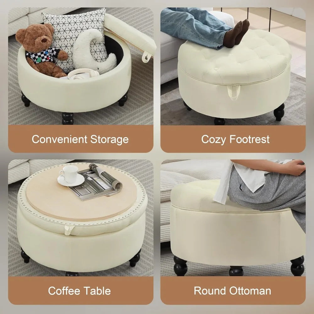 Ottoman,  Large Round, Fabric-Covered, with Storage