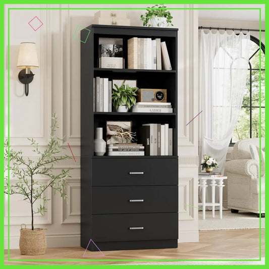 71" Tall Black Bookshelf with Drawers and 3-Tier Open Shelves