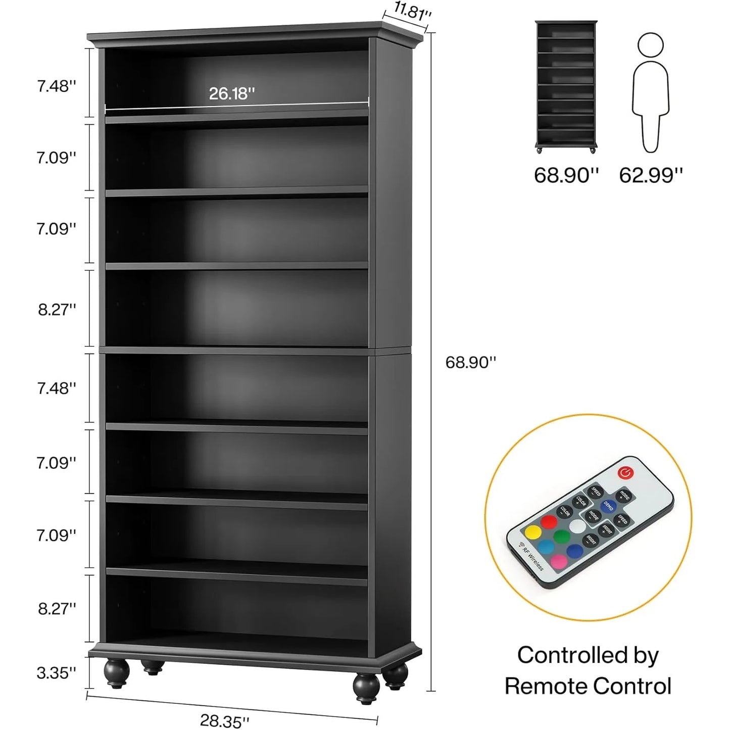 Bookcase with LED Lighting, solid wood legs