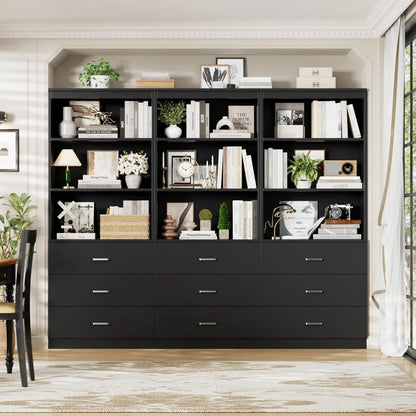 71" Tall Black Bookshelf with Drawers and 3-Tier Open Shelves
