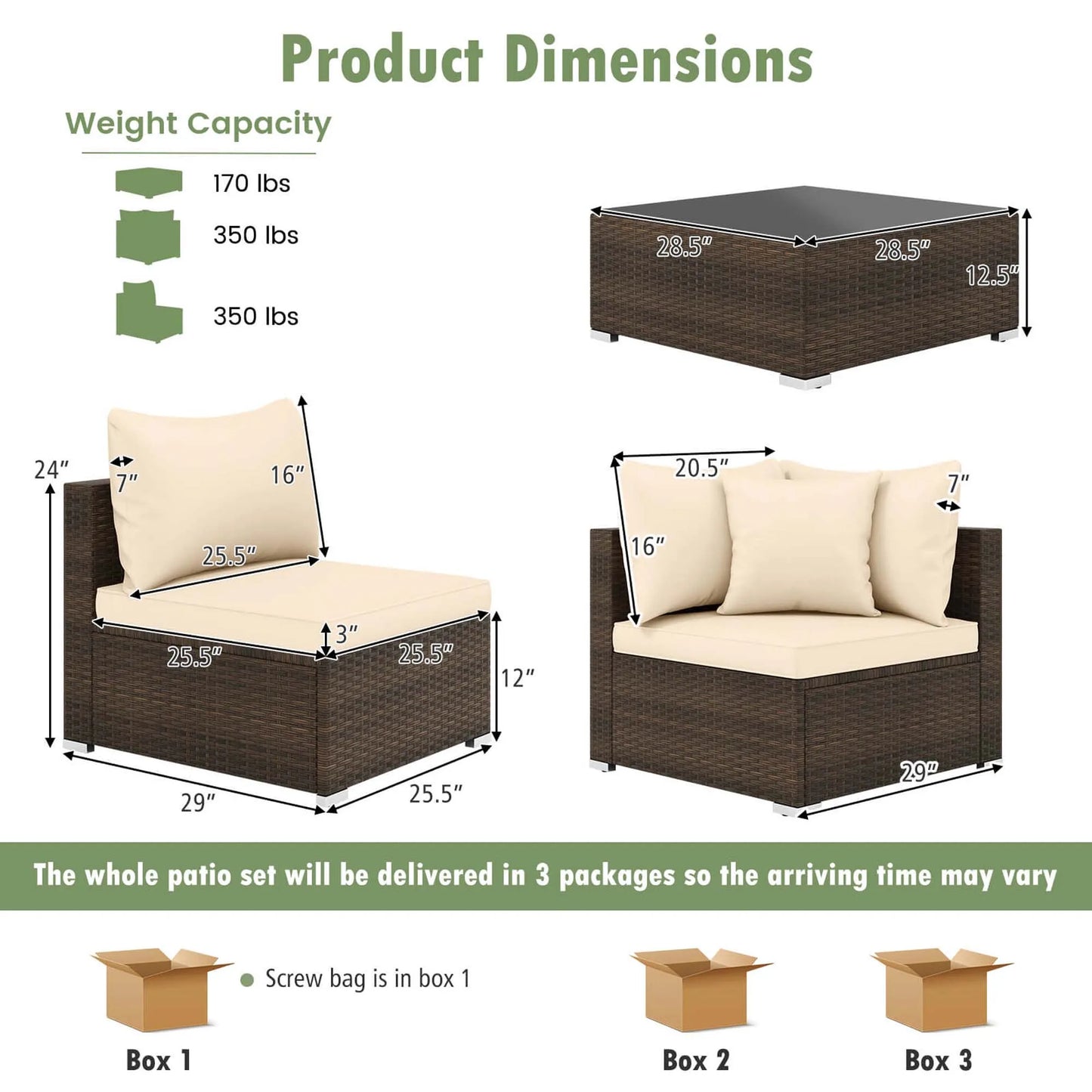 Patio Rattan Furniture Set, Sectional Sofa, Cushioned, Garden Brown