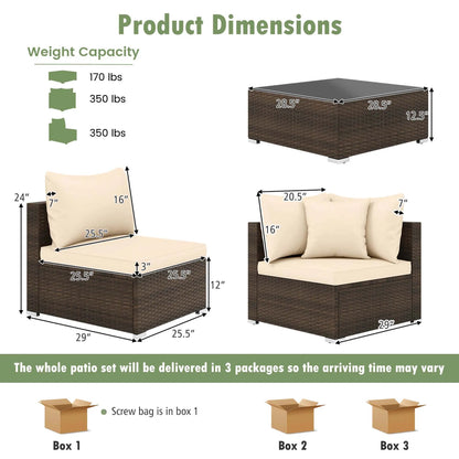 Patio Rattan Furniture Set, Sectional Sofa, Cushioned, Garden Brown