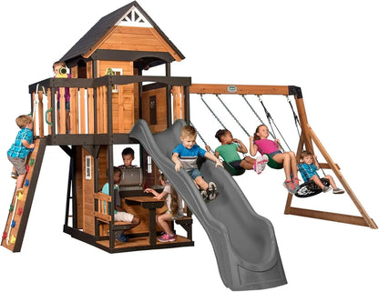 Swing Set, wood,  Wave Slide, Belt Swings, Web Swing, Rock Wall,