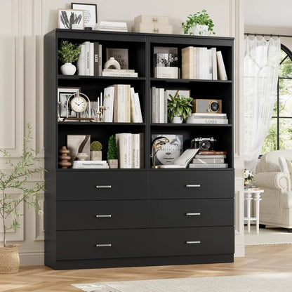 71" Tall Black Bookshelf with Drawers and 3-Tier Open Shelves