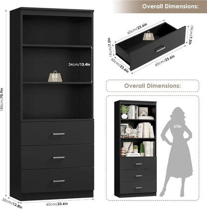 71" Tall Black Bookshelf with Drawers and 3-Tier Open Shelves