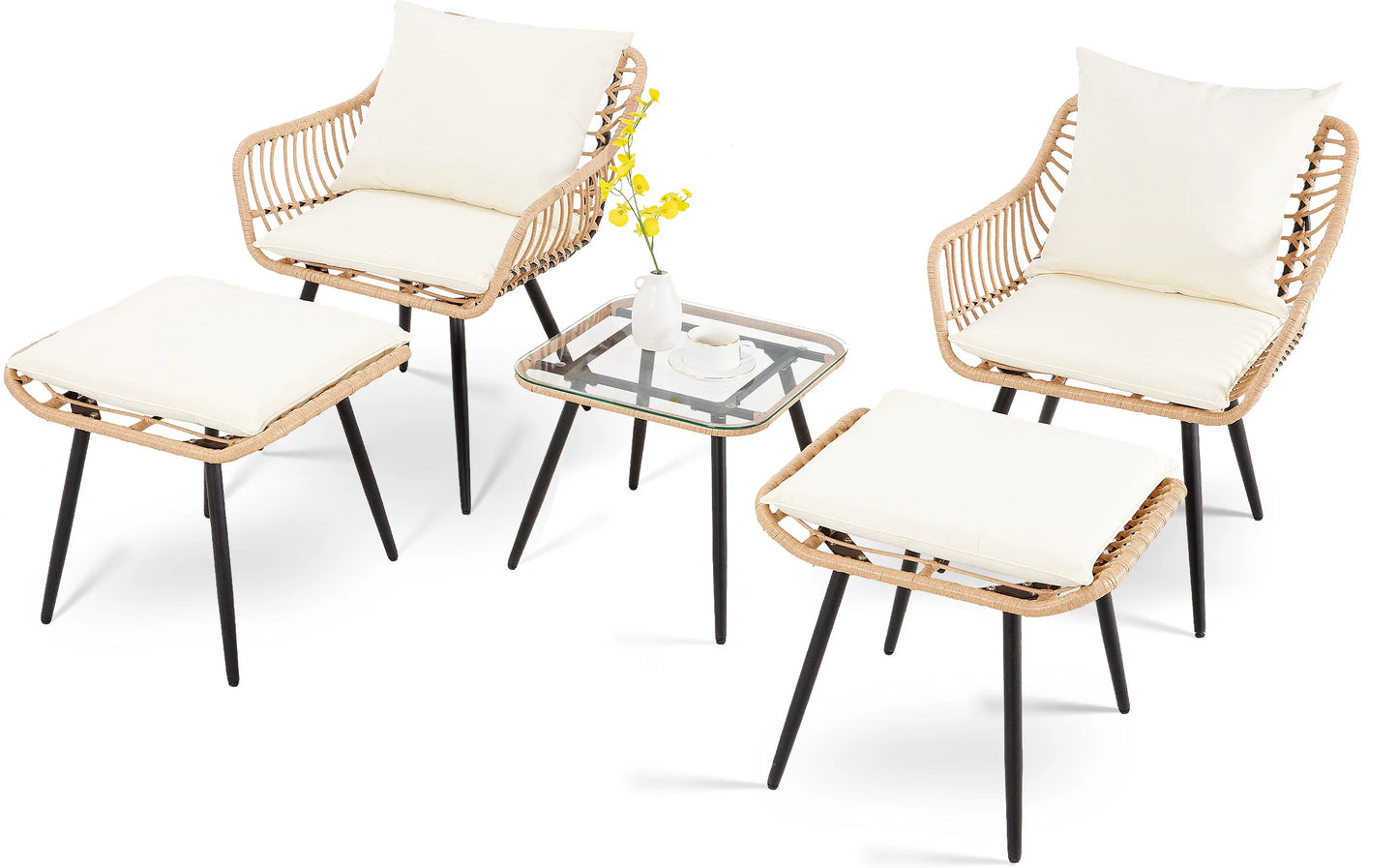 Patio Set, 5 Piece, 2 Chairs, 2 Ottoman, Coffee Table