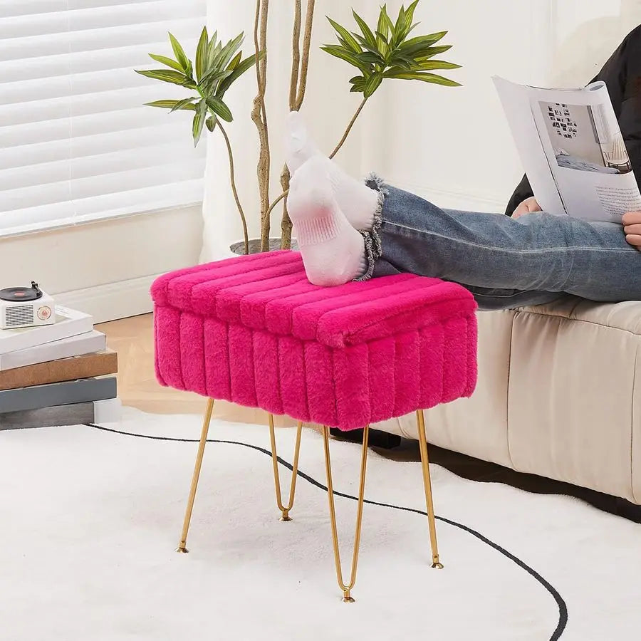 Ottoman, Faux Mink Fur, Storage, Rose-Red