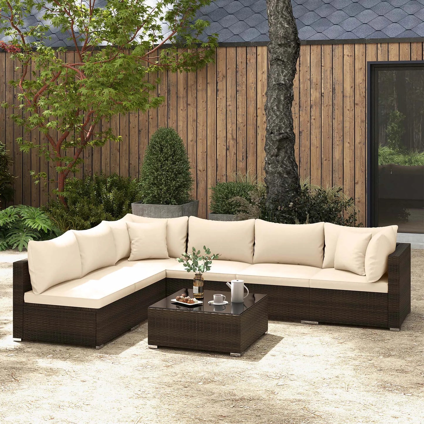 Patio Rattan Furniture Set, Sectional Sofa, Cushioned, Garden Brown