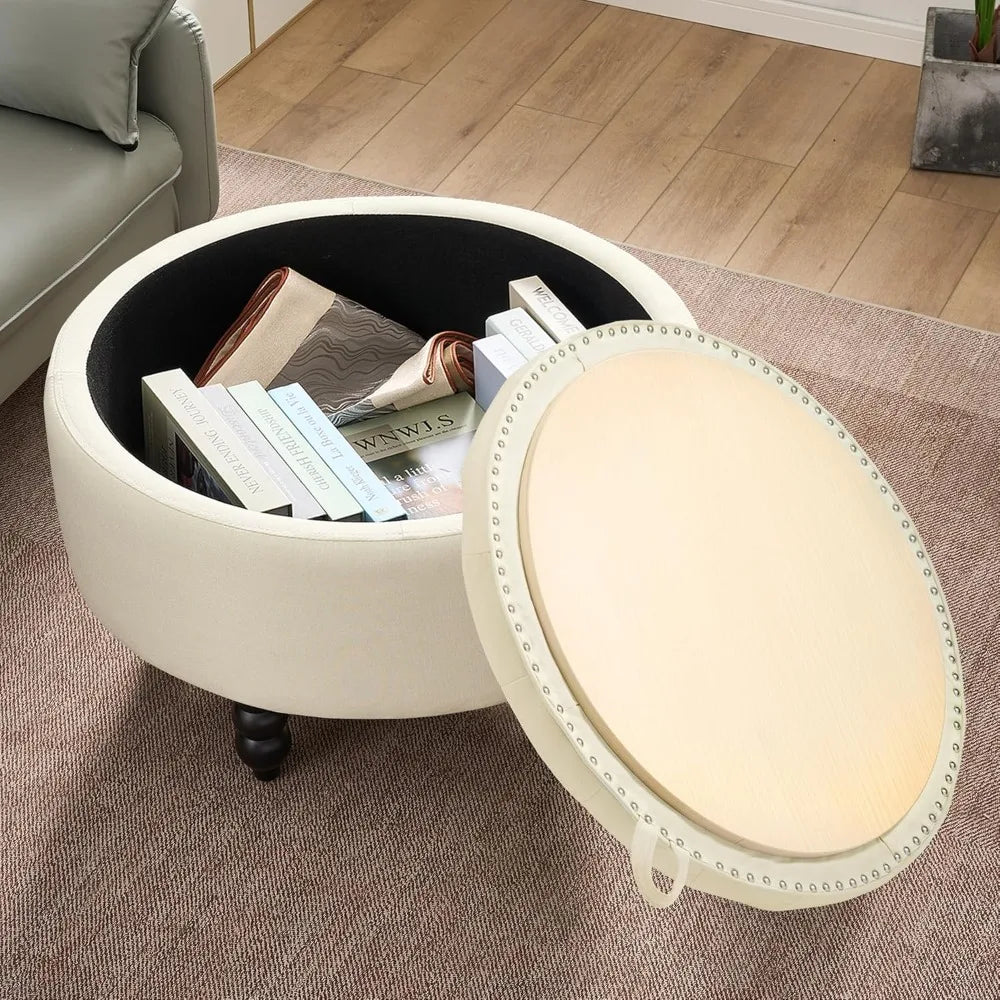 Ottoman,  Large Round, Fabric-Covered, with Storage