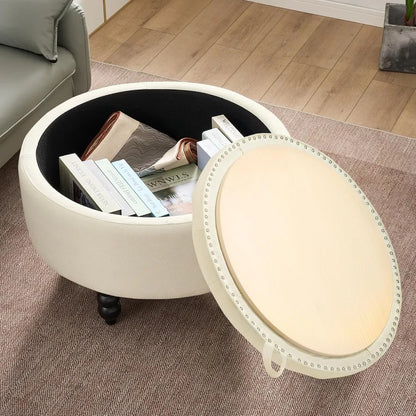 Ottoman,  Large Round, Fabric-Covered, with Storage