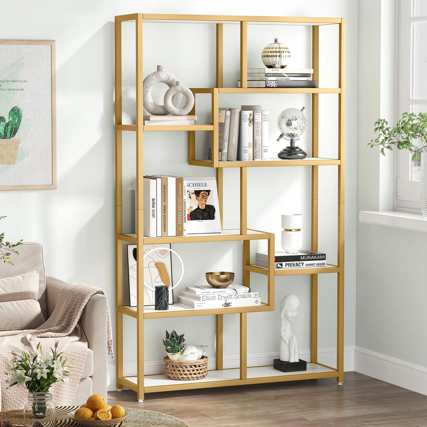 Bookcase, Gold 8-Shelf with Faux Marble